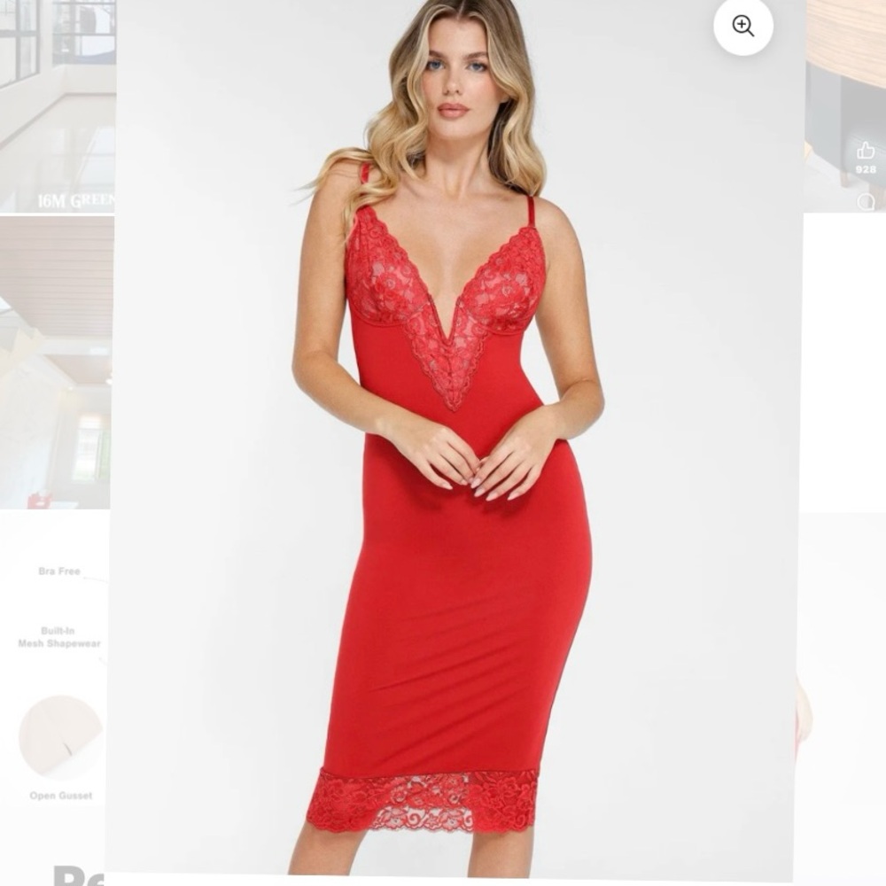 New Medium POPILUSH SHAPEWEAR BUILT-IN SCULPTING LACE TRIM MIDI SLIP DRESS